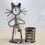 Metal Saksafon Çalan Kedi Müzisyen Saat Ve Kalemlik Alk4346