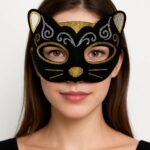 Kadife Dokulu Sim Detaylı Işıltılı Kedi Maskesi Altın Gümüş 20x13 Cm