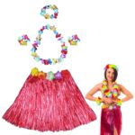 Hawaii Dans Kostümü – Kırmızı Hula Etek  Çiçek Kolye Seti